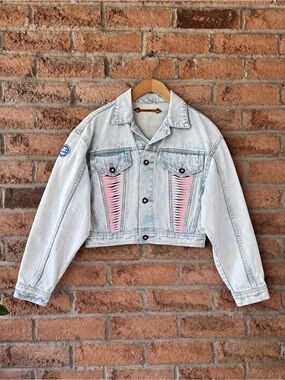 Vintage L.A. Gear 80s Acid Wash Cropped Denim Jacket Pink Lace Up Small